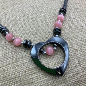 Hematite Open Heart Pendant Pink Cat Eye Beads Necklace